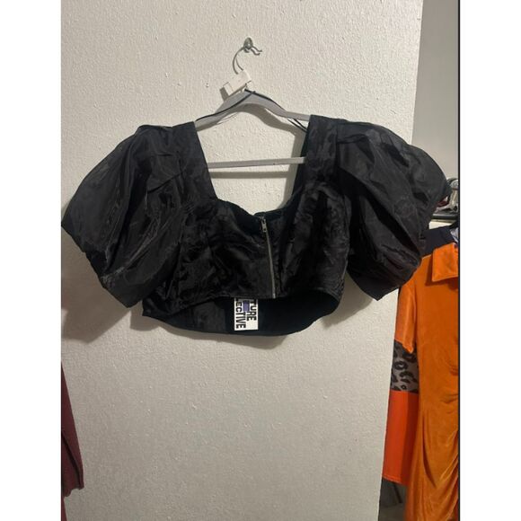 277 Women’s Black Puff Sleeve Crop Top – Square Blouse, Dressy Night Out Top - Picture 3 of 5